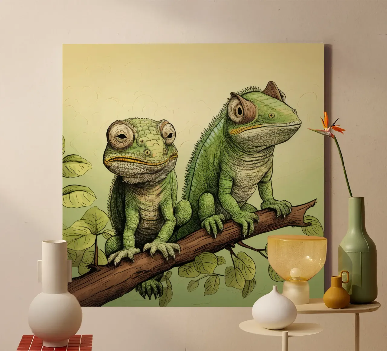Retro Chameleon Duo canvas met Baklijst van Funny Animals