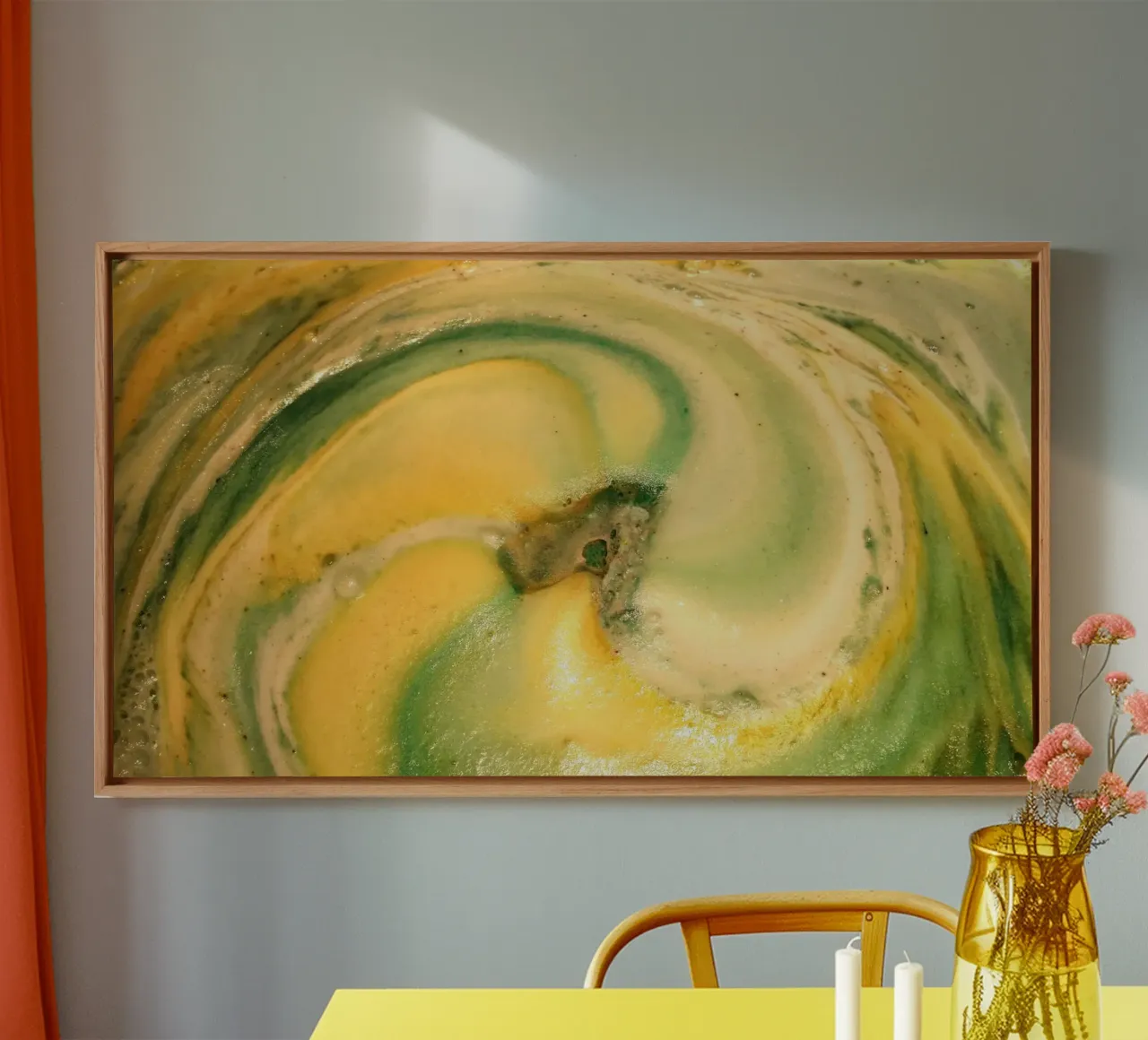 Yellow and green canvas with Floater frame by Massimo Frascogna