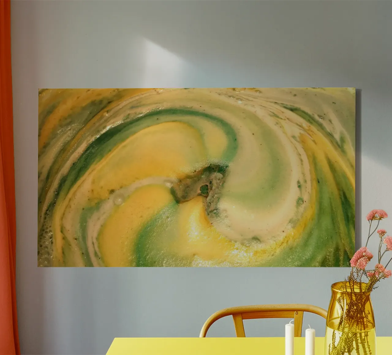 Yellow and green canvas with Floater frame by Massimo Frascogna