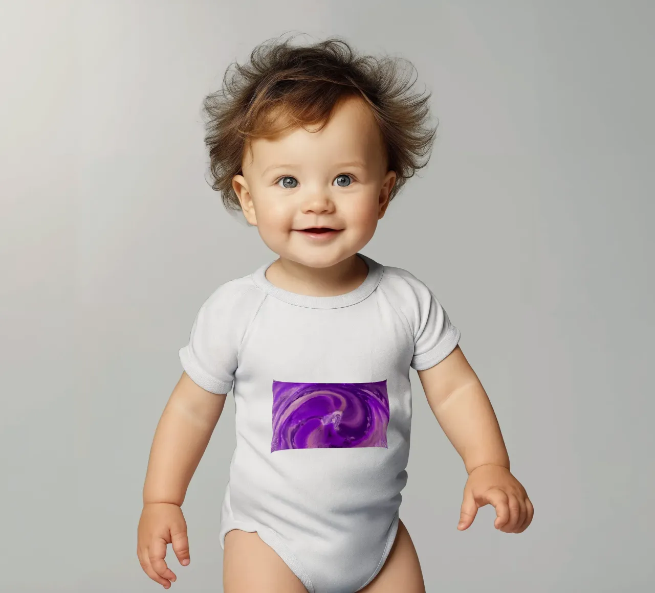 Purple short-sleeve baby romper by Massimo Frascogna