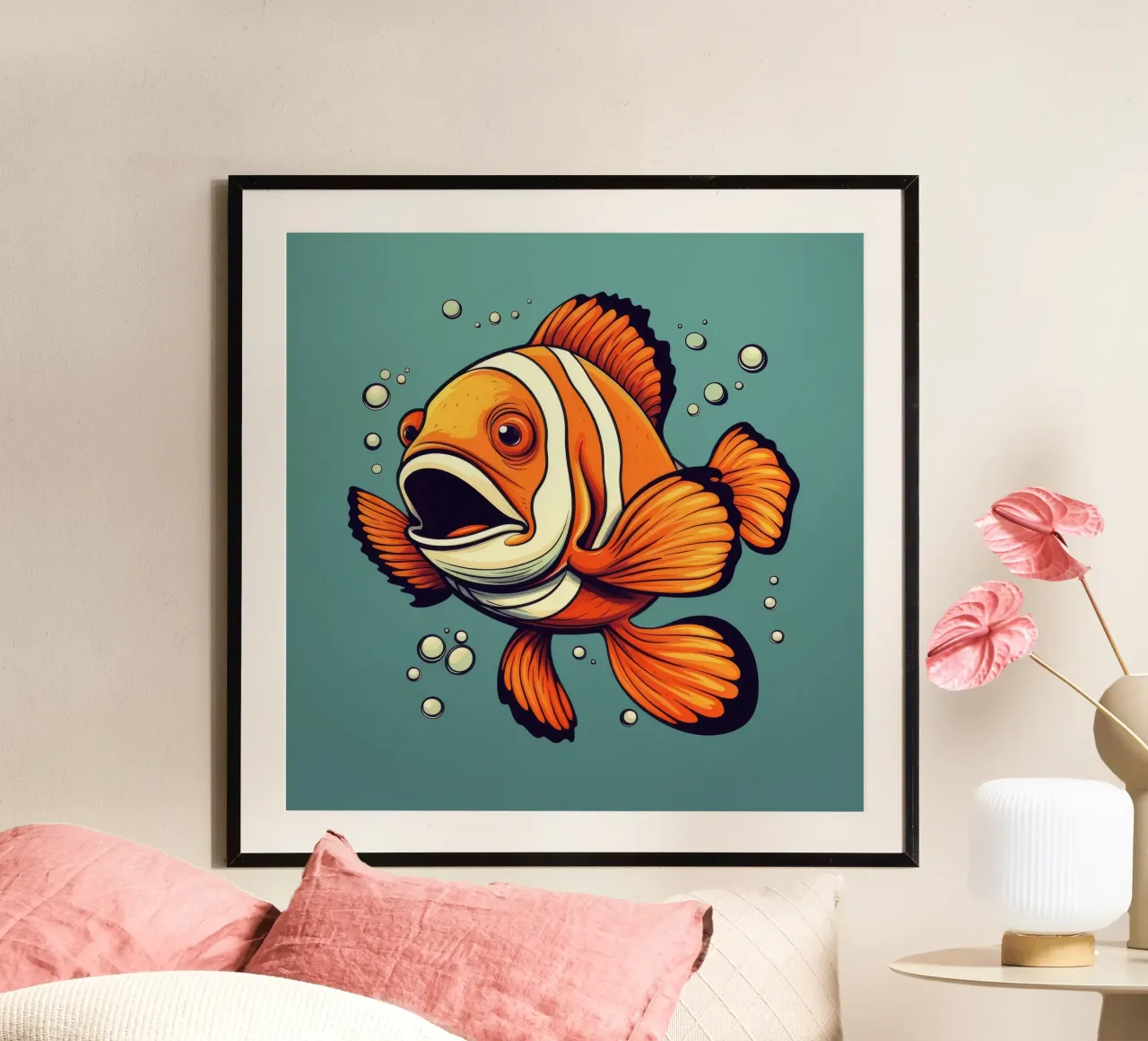 Pesce pagliaccio retrò poster con telaio in plastica da Funny Animals