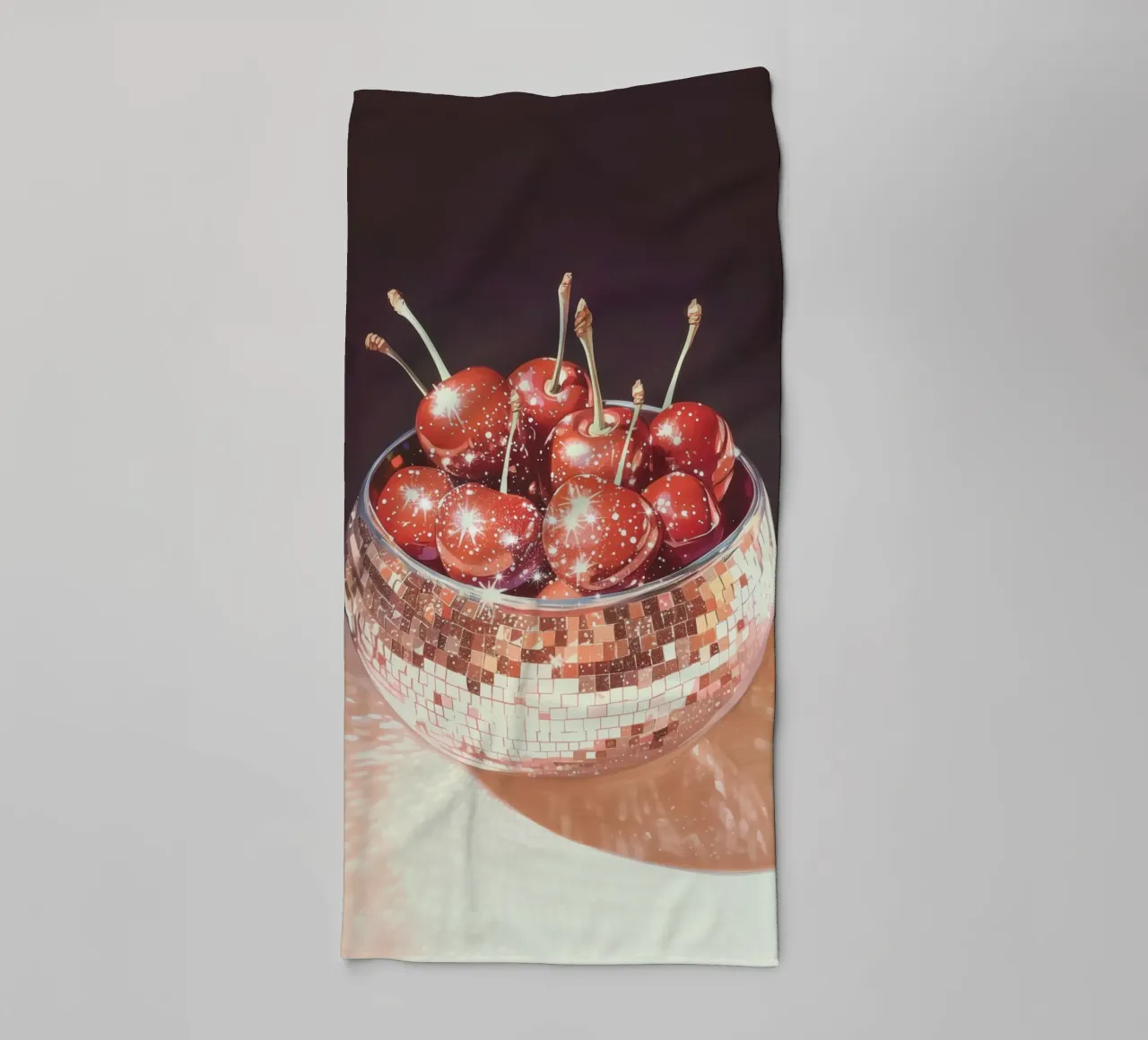 Ciliegie frizzanti in una ciotola con palla da discoteca asciugamano da bagno da Melloi Art Print