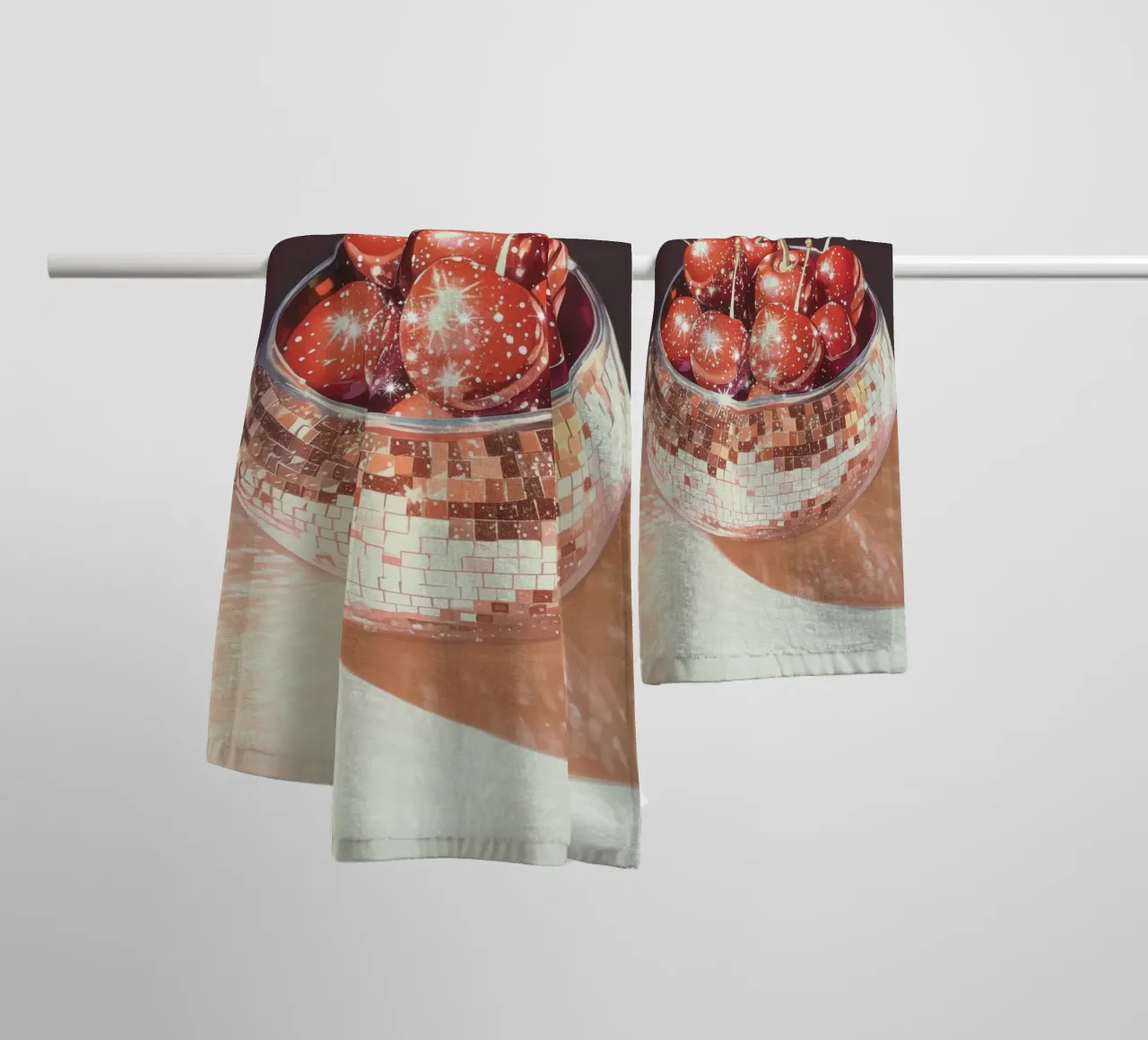 Ciliegie frizzanti in una ciotola con palla da discoteca asciugamano da bagno da Melloi Art Print