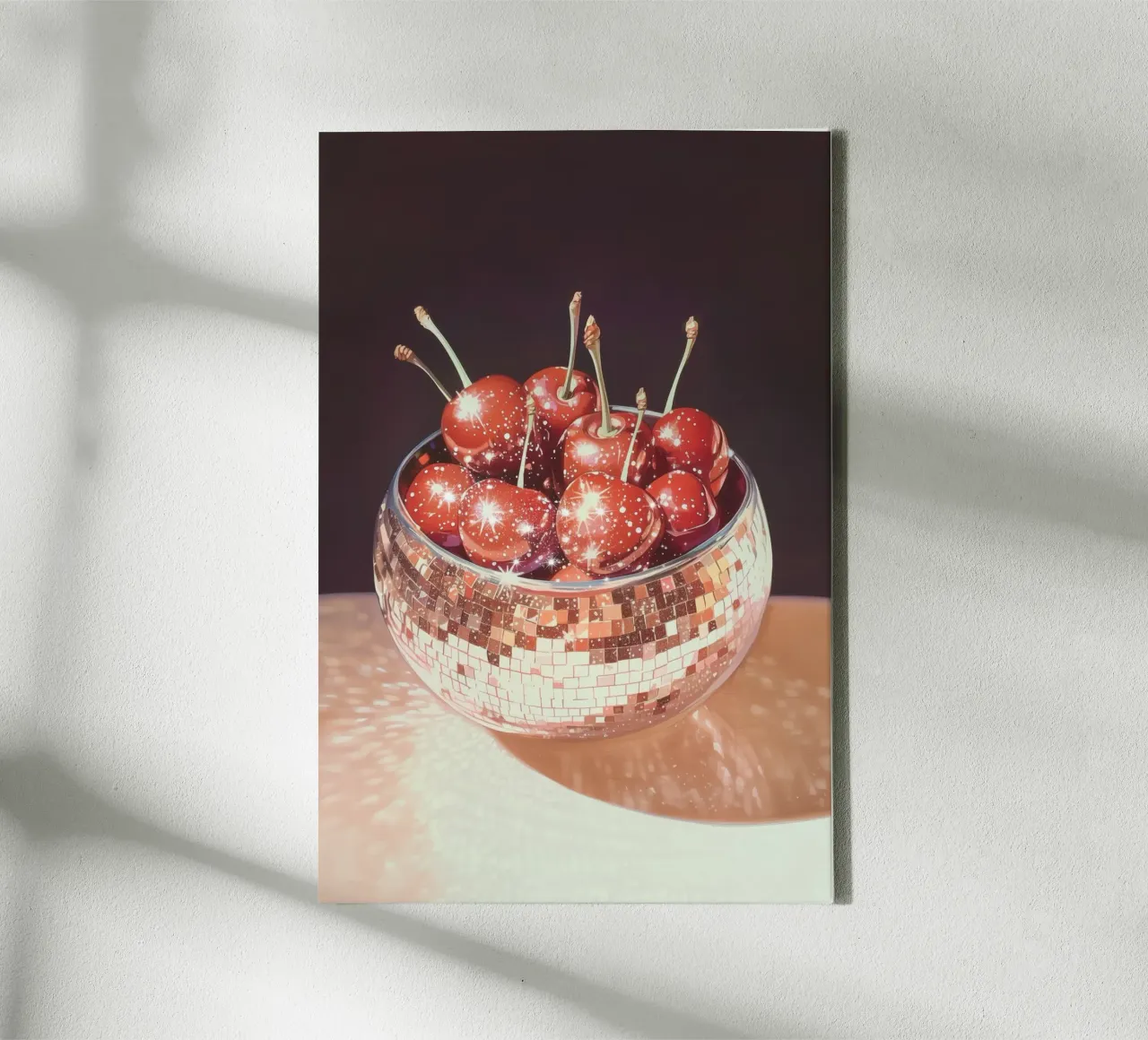 Ciliegie frizzanti in una ciotola con palla da discoteca tela con Cornice a cassetta da Melloi Art Print