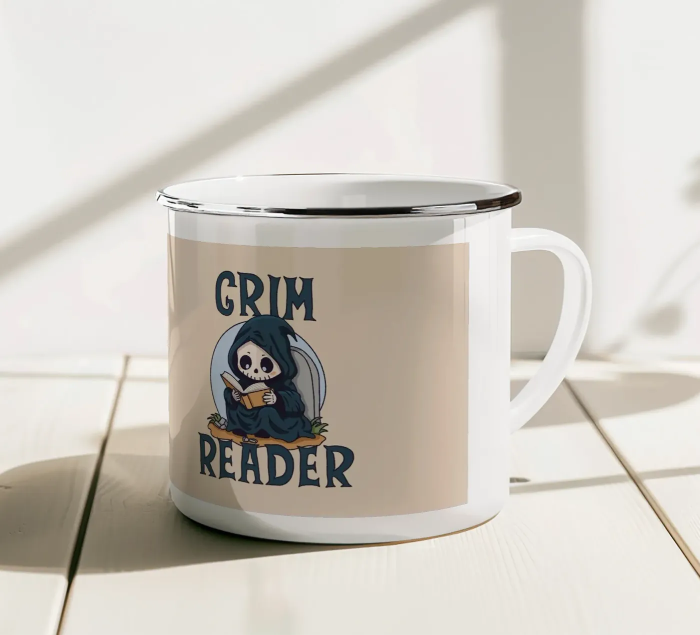 Grim Reader enamel mug by Loobs