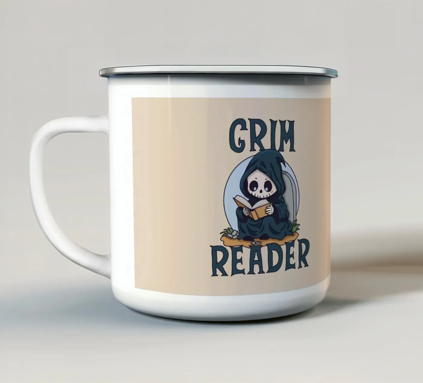 Grim Reader enamel mug by Loobs