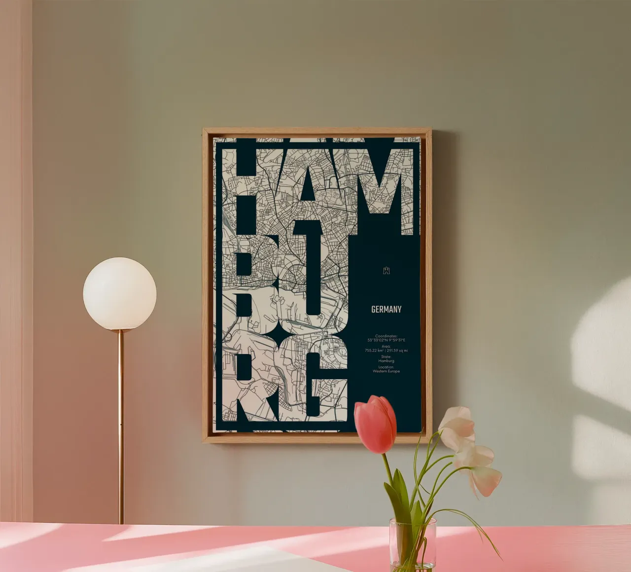 Hamburg stadsplattegrond kunst canvas met Baklijst van Christopher Adams