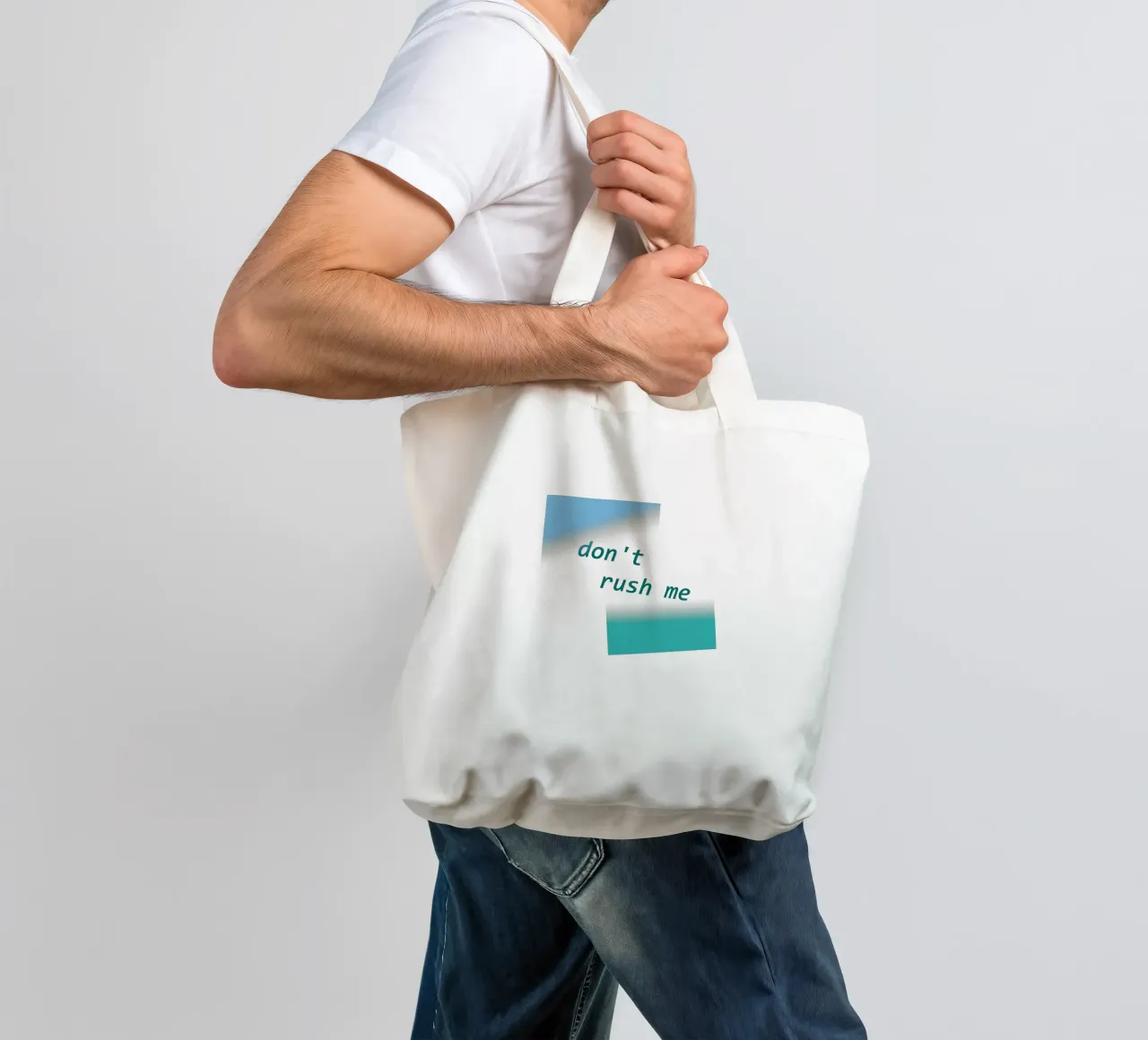 Forme geometriche con la scritta "Non mettermi fretta". borsa in juta da Something for you