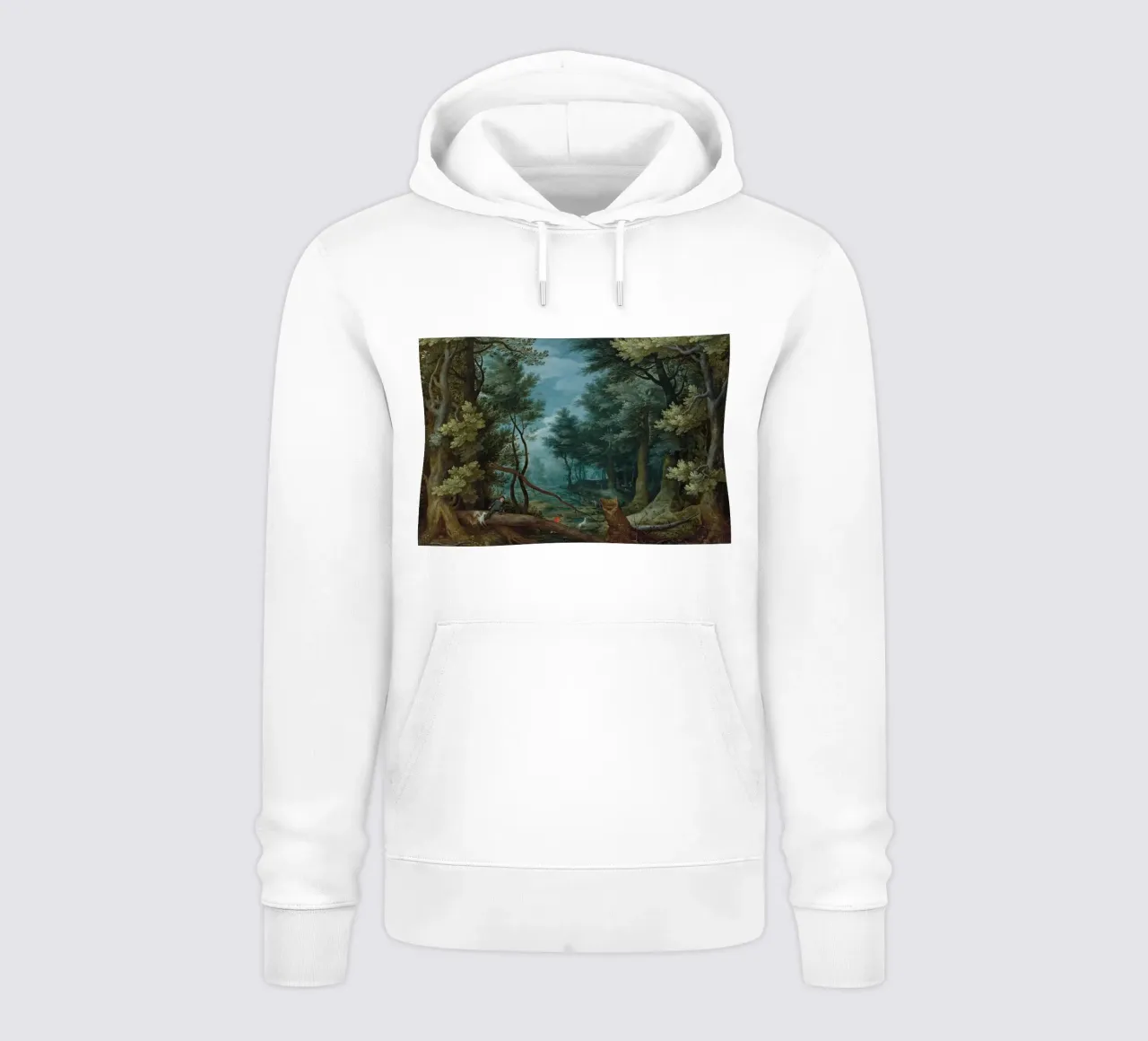 Un paesaggio forestale con cacciatori che inseguono un cervo felpa con cappuccio da Timeless Artworks