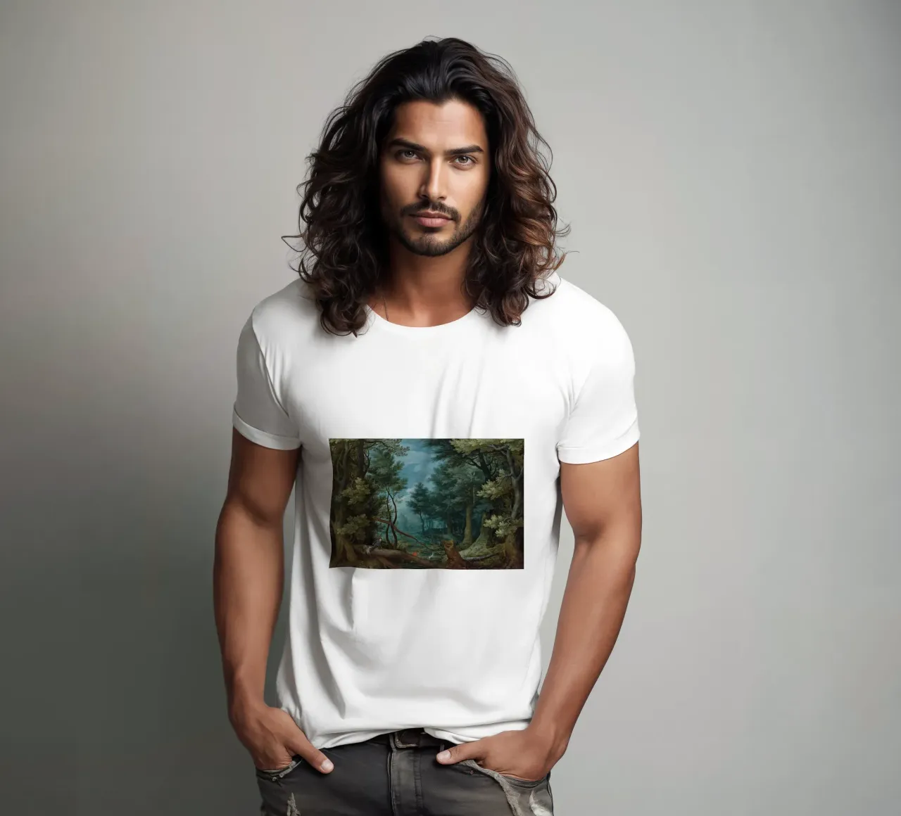 Un paesaggio forestale con cacciatori che inseguono un cervo t-shirt da Timeless Artworks