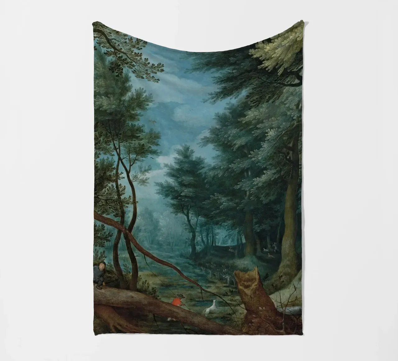 Un paesaggio forestale con cacciatori che inseguono un cervo coperta in pile da Timeless Artworks