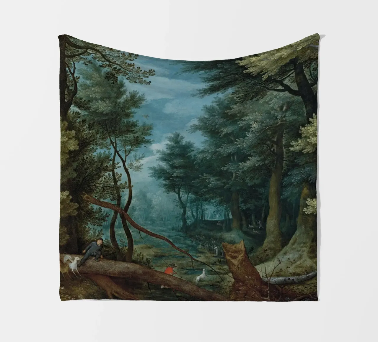 Un paesaggio forestale con cacciatori che inseguono un cervo coperta in pile da Timeless Artworks