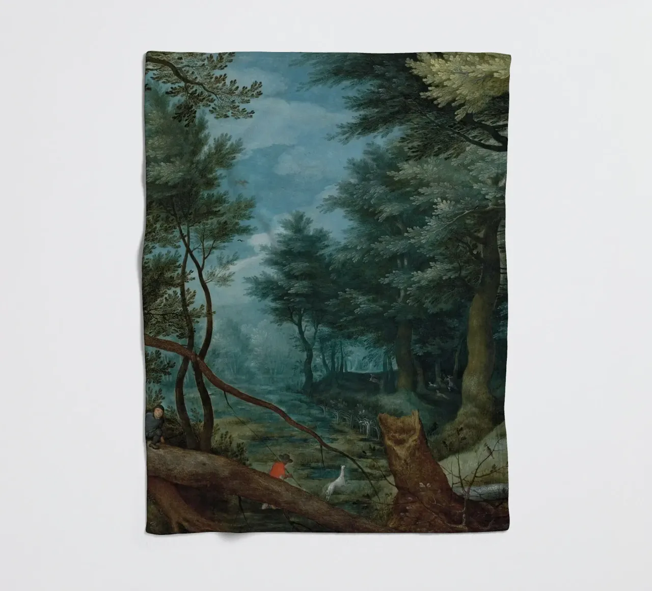 Un paesaggio forestale con cacciatori che inseguono un cervo coperta in pile da Timeless Artworks