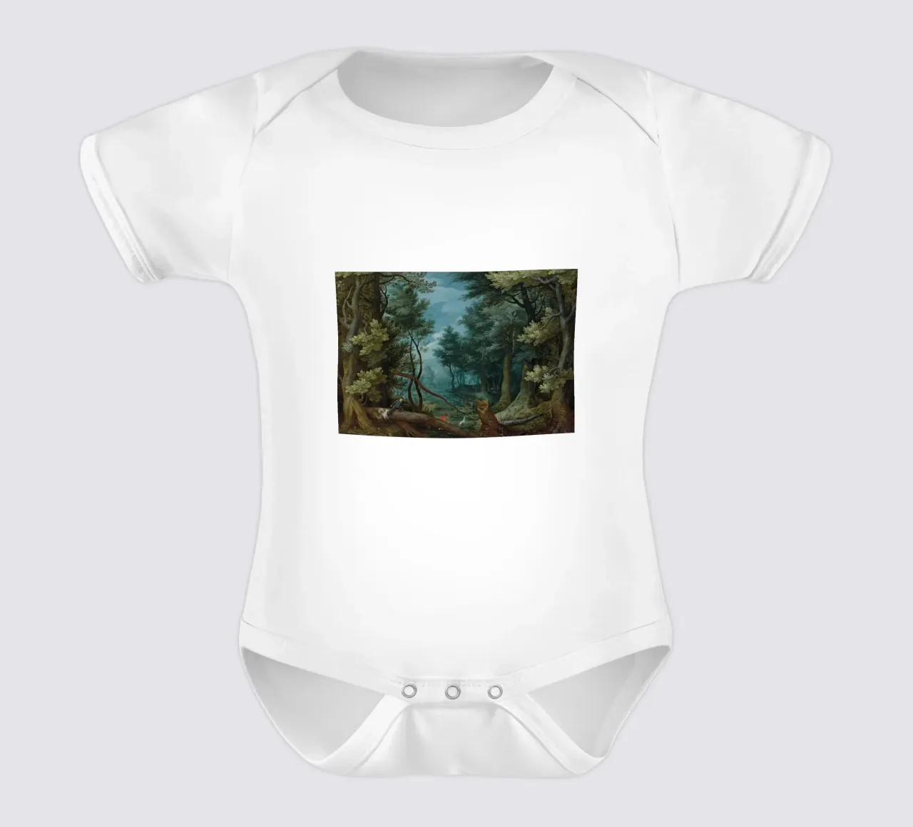 Un paesaggio forestale con cacciatori che inseguono un cervo body neonato maniche corte da Timeless Artworks