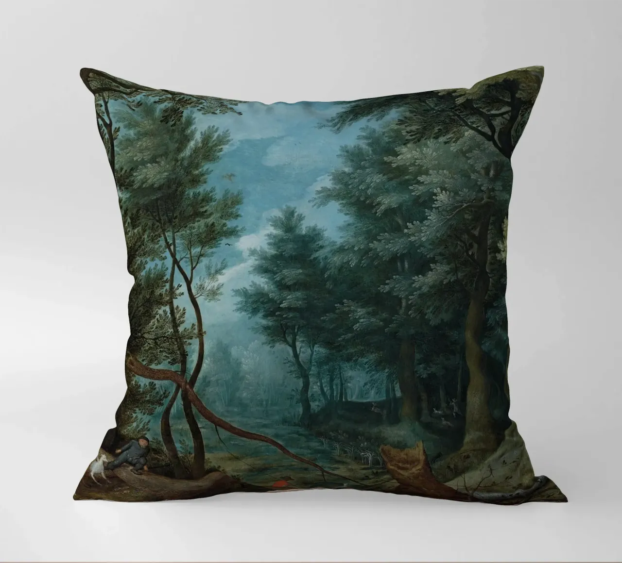 Un paesaggio forestale con cacciatori che inseguono un cervo cuscino da Timeless Artworks