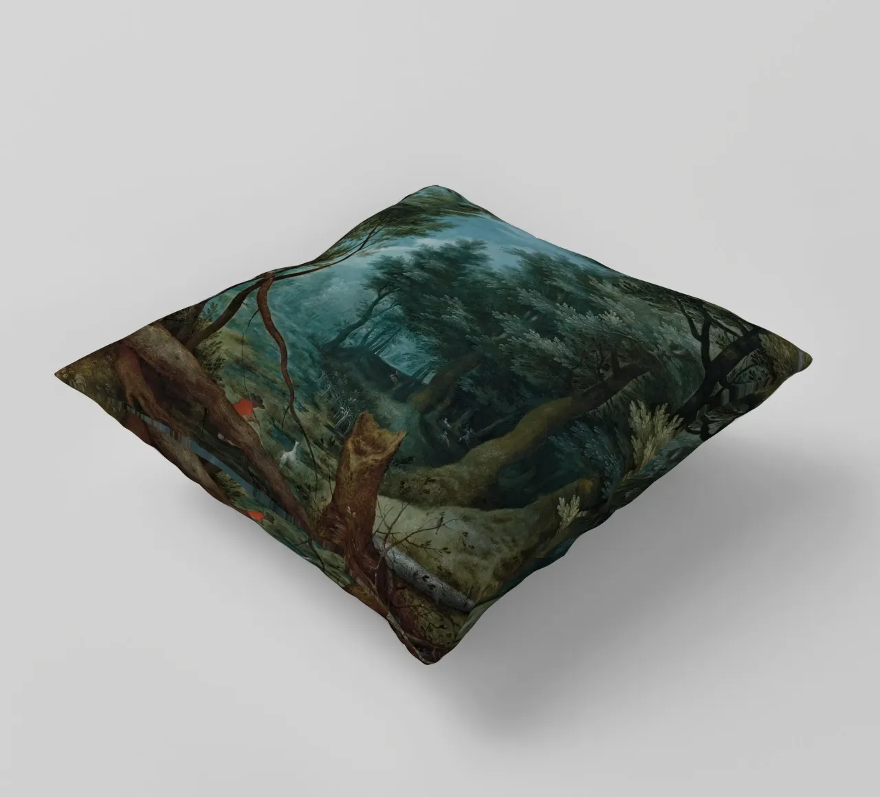 Un paesaggio forestale con cacciatori che inseguono un cervo cuscino da Timeless Artworks