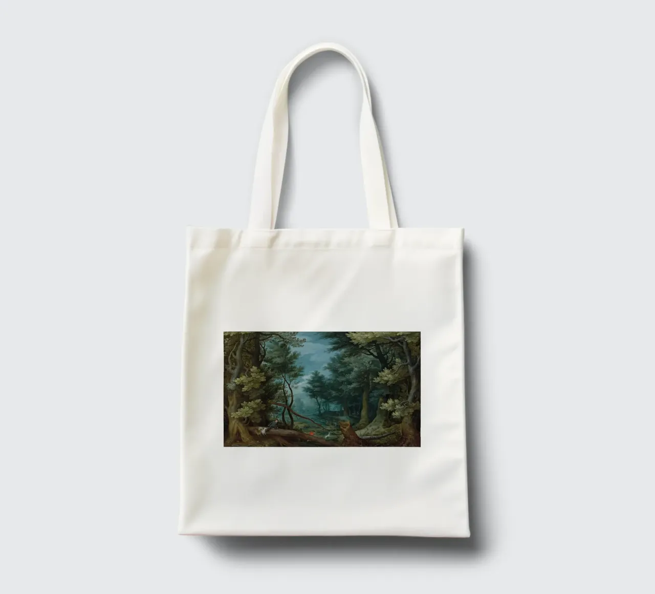 Un paesaggio forestale con cacciatori che inseguono un cervo borsa in juta da Timeless Artworks