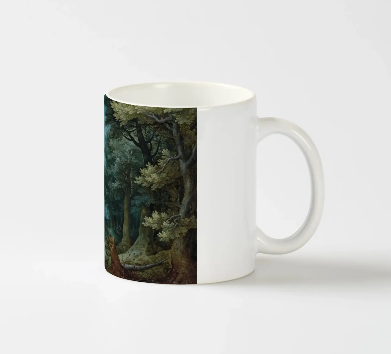 Un paesaggio forestale con cacciatori che inseguono un cervo tazza in ceramica da Timeless Artworks
