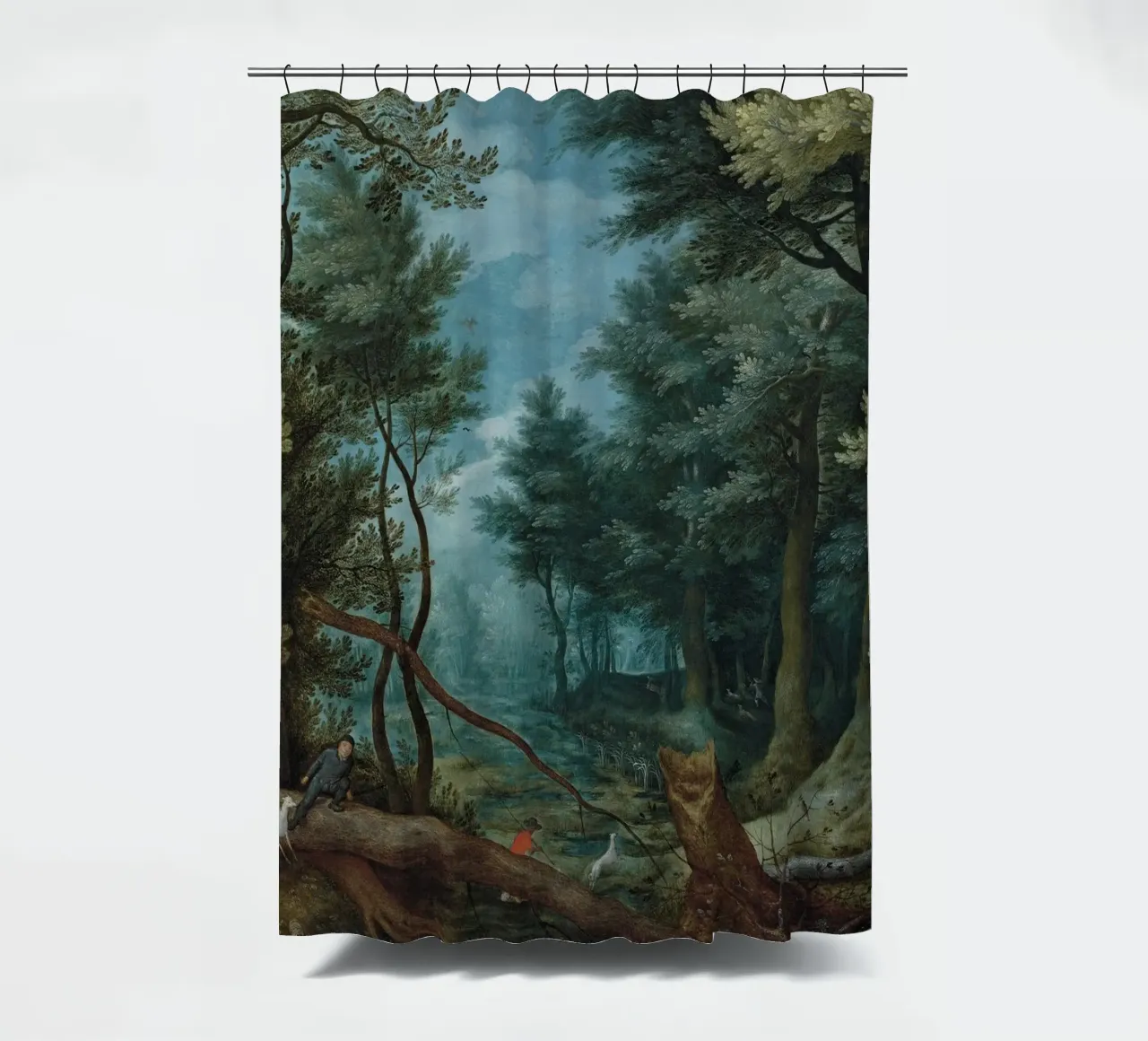 Waldlandschaft mit Jägern auf der Jagd nach einem Hirsch Duschvorhang von Timeless Artworks