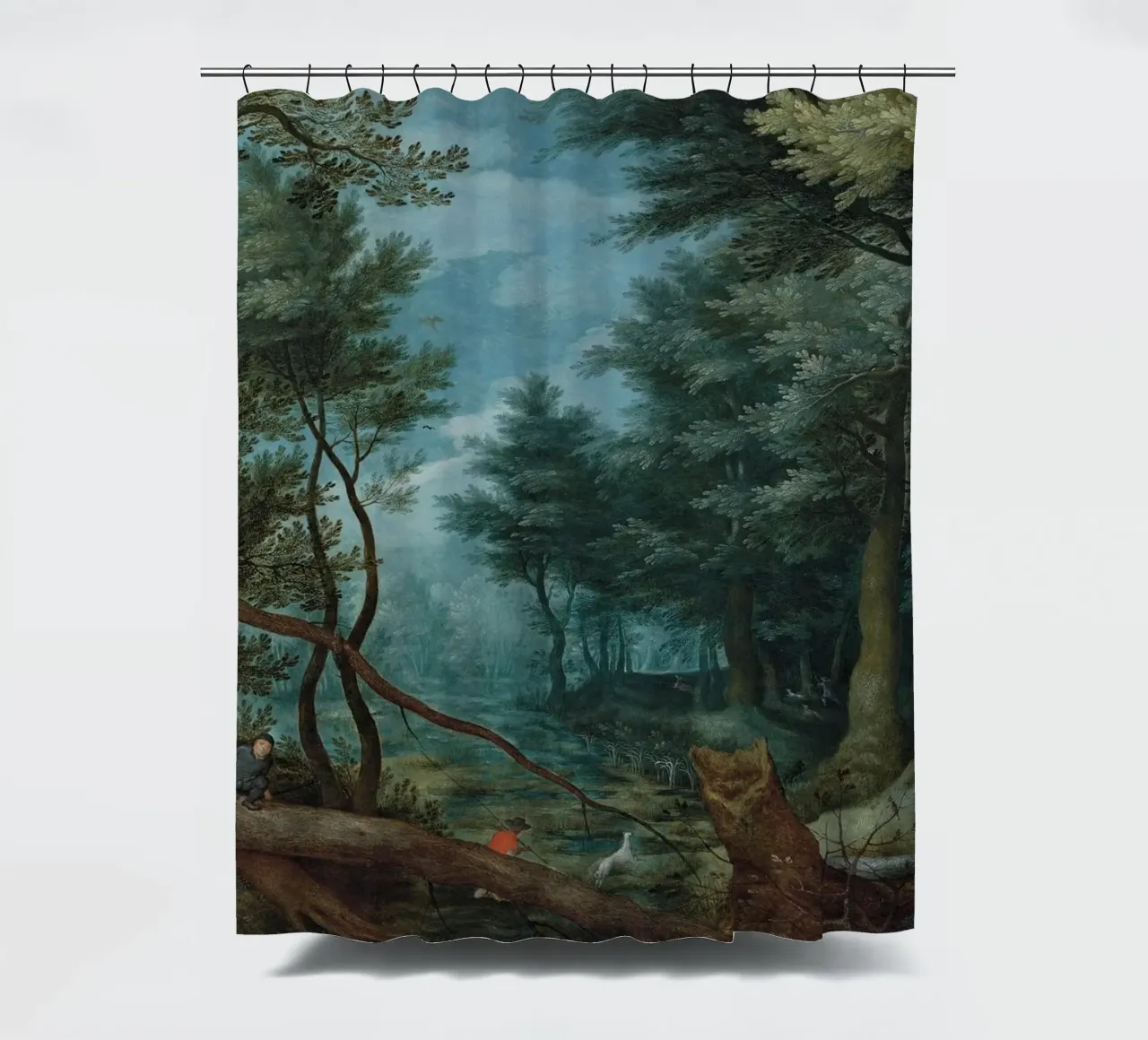 Waldlandschaft mit Jägern auf der Jagd nach einem Hirsch Duschvorhang von Timeless Artworks