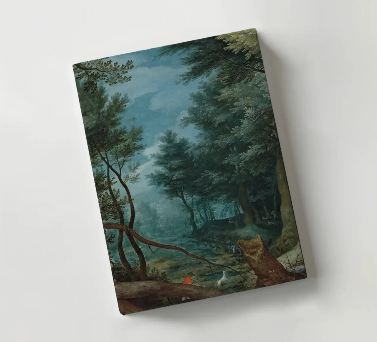 Un paesaggio forestale con cacciatori che inseguono un cervo diario da Timeless Artworks