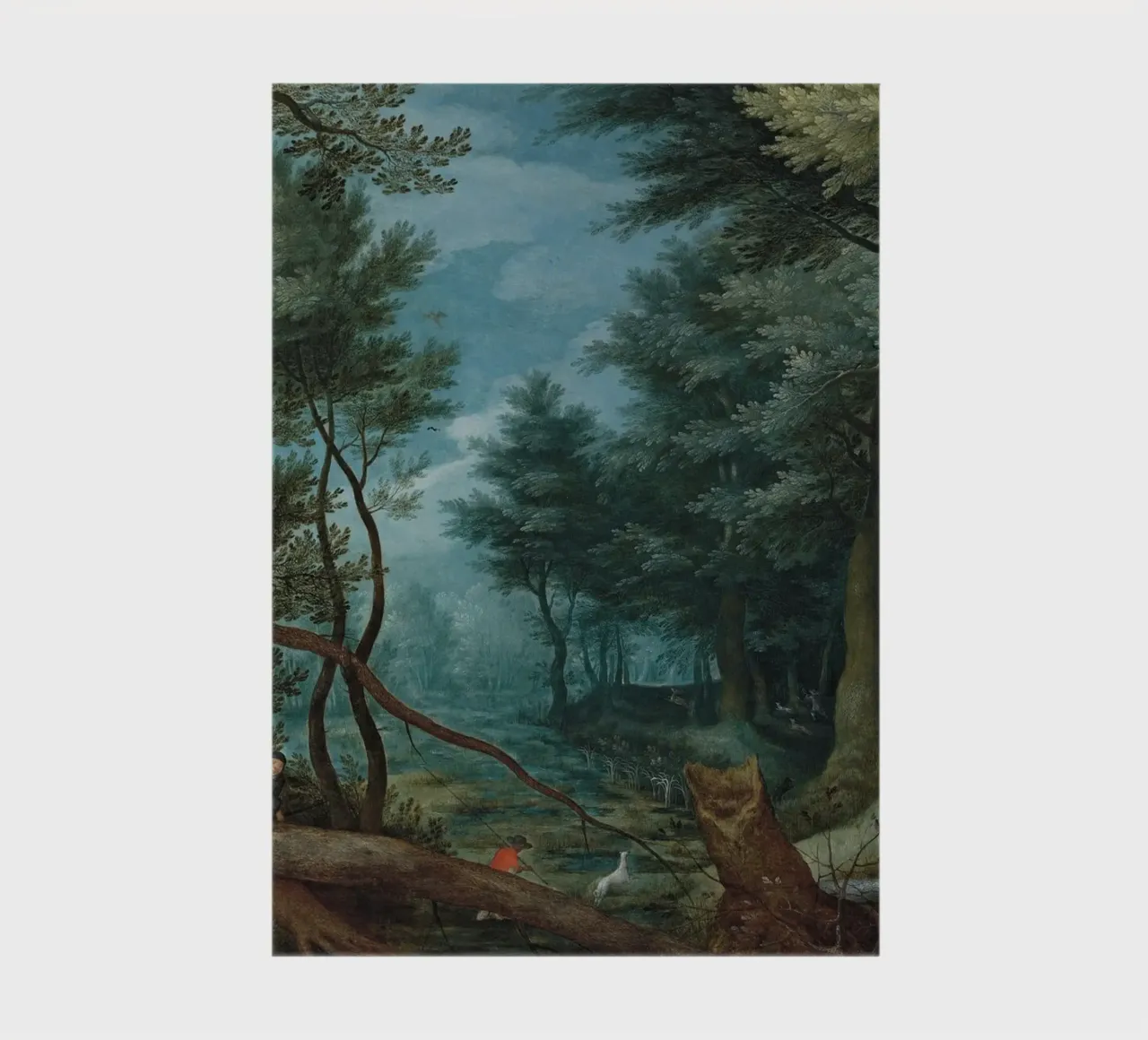 Un paesaggio forestale con cacciatori che inseguono un cervo diario da Timeless Artworks
