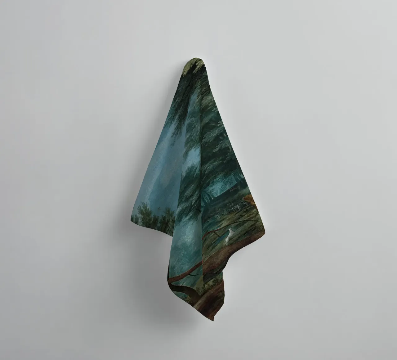 Un paesaggio forestale con cacciatori che inseguono un cervo asciugamano da bagno da Timeless Artworks