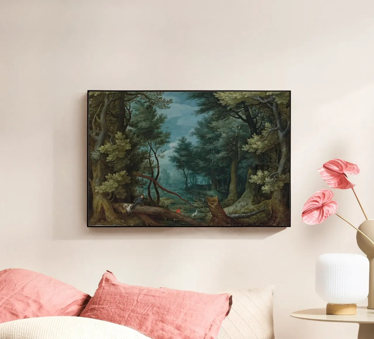Un paesaggio forestale con cacciatori che inseguono un cervo plexiglass da Timeless Artworks