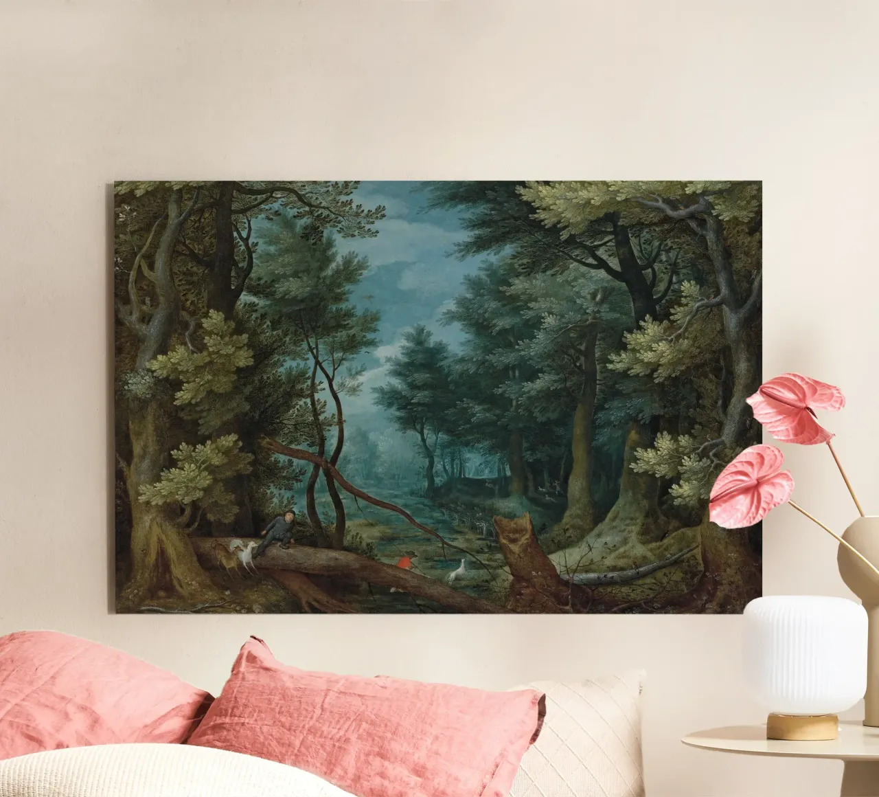 Un paesaggio forestale con cacciatori che inseguono un cervo alluminio dibond da Timeless Artworks