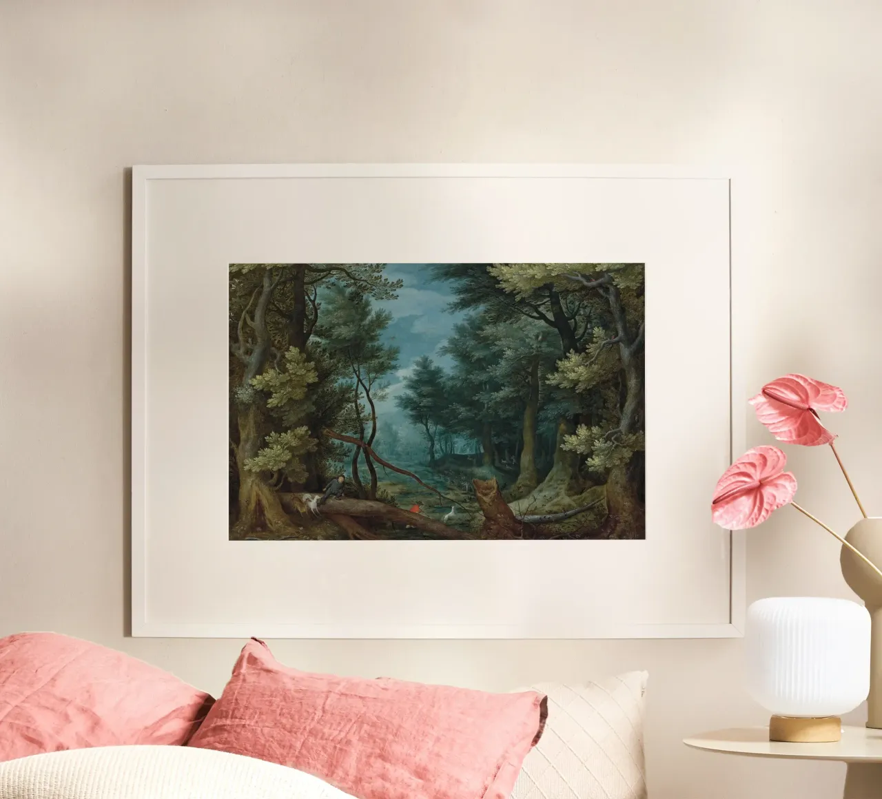 Un paesaggio forestale con cacciatori che inseguono un cervo poster con telaio in alluminio da Timeless Artworks