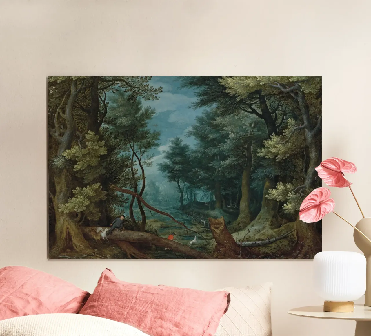 Un paesaggio forestale con cacciatori che inseguono un cervo poster con telaio in alluminio da Timeless Artworks