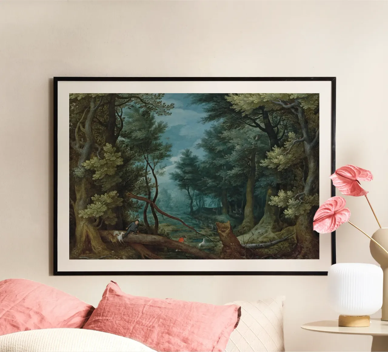 Un paesaggio forestale con cacciatori che inseguono un cervo poster con telaio in alluminio da Timeless Artworks