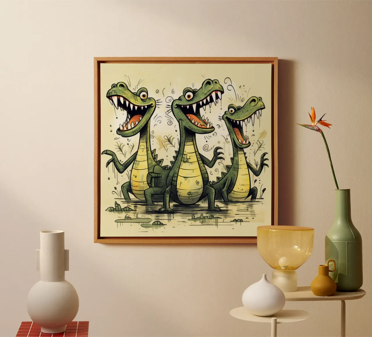 Pandilla de cocodrilos retro lienzo con Marco flotante de Funny Animals