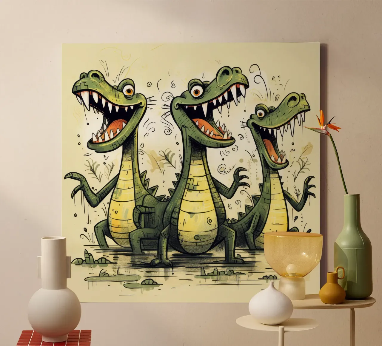 Pandilla de cocodrilos retro lienzo con Marco flotante de Funny Animals