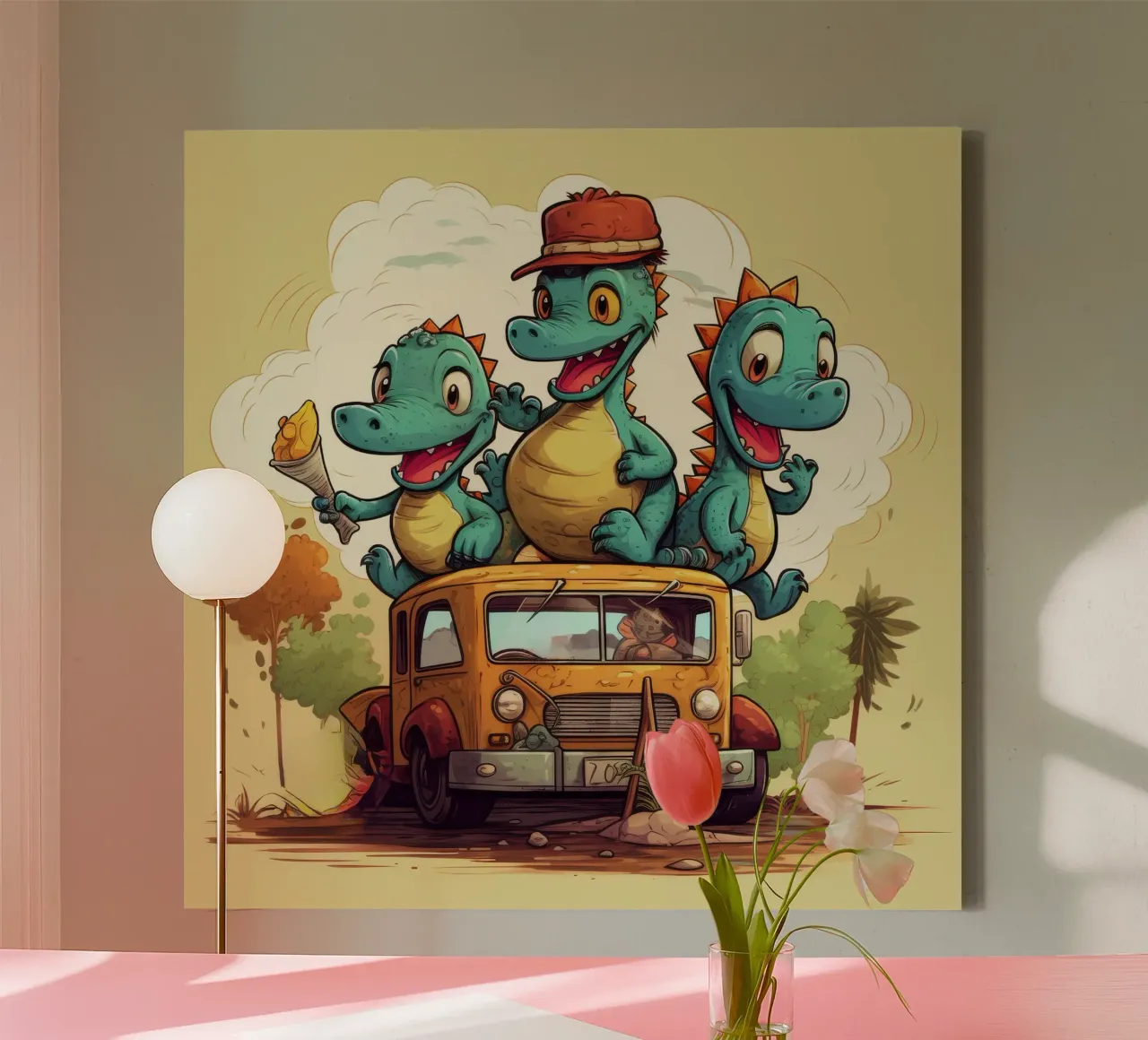 Retro dinosaurusbende canvas met Baklijst van Funny Animals