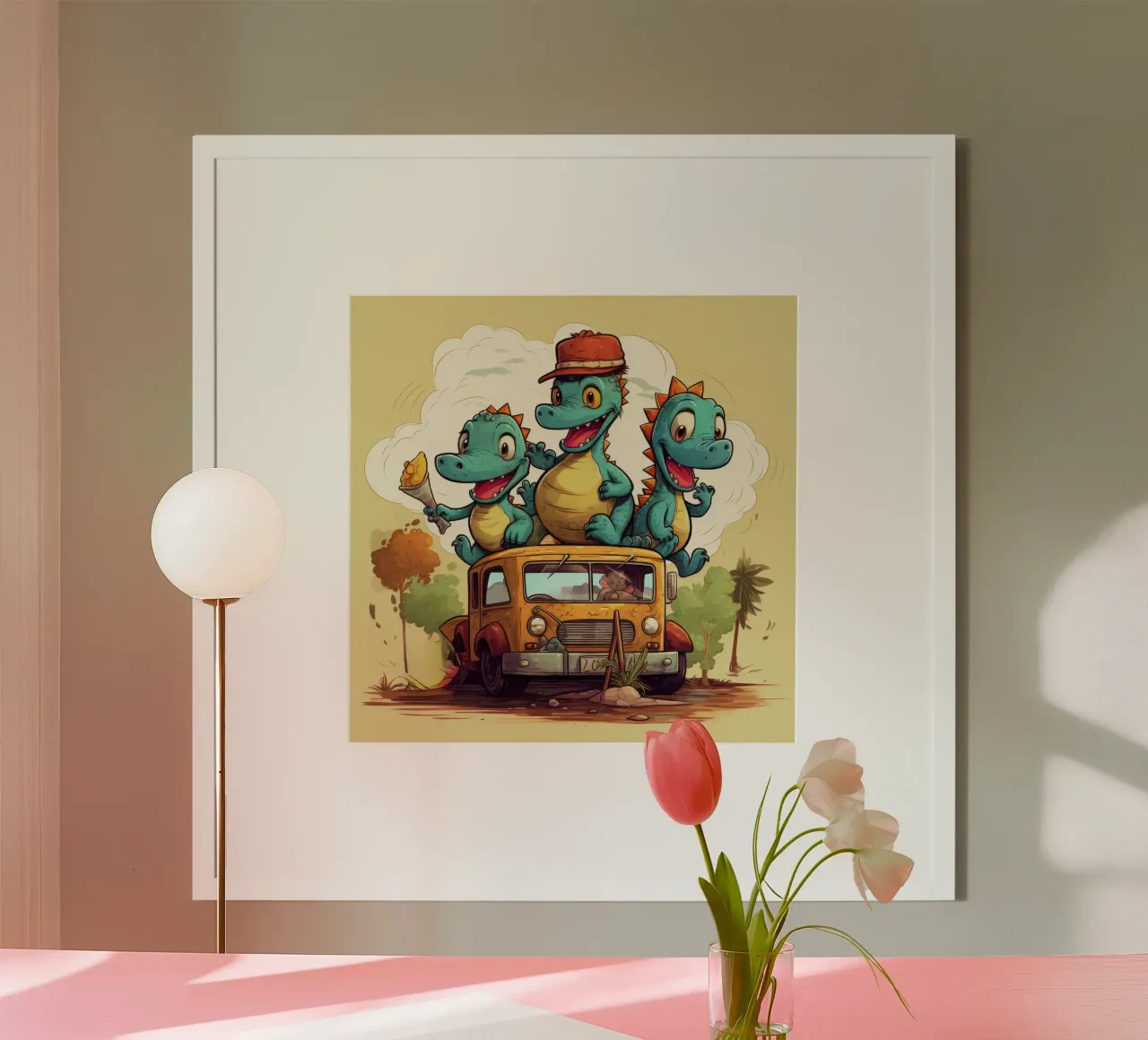 Gang di dinosauri retrò poster con telaio in legno da Funny Animals