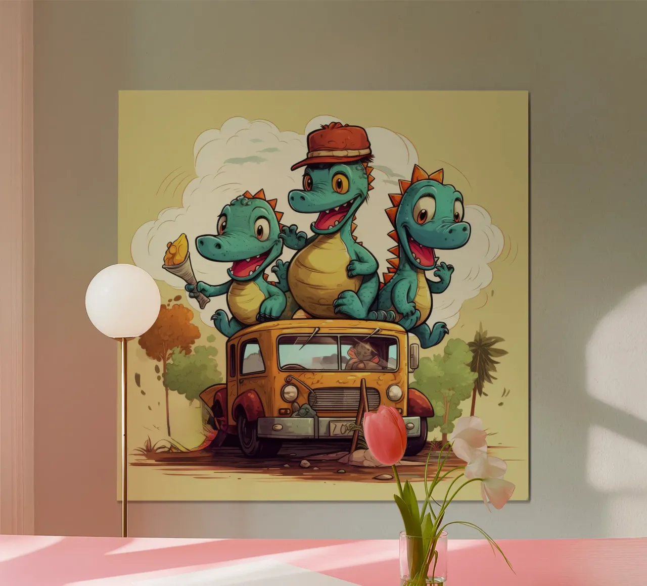 Gang di dinosauri retrò poster con telaio in legno da Funny Animals