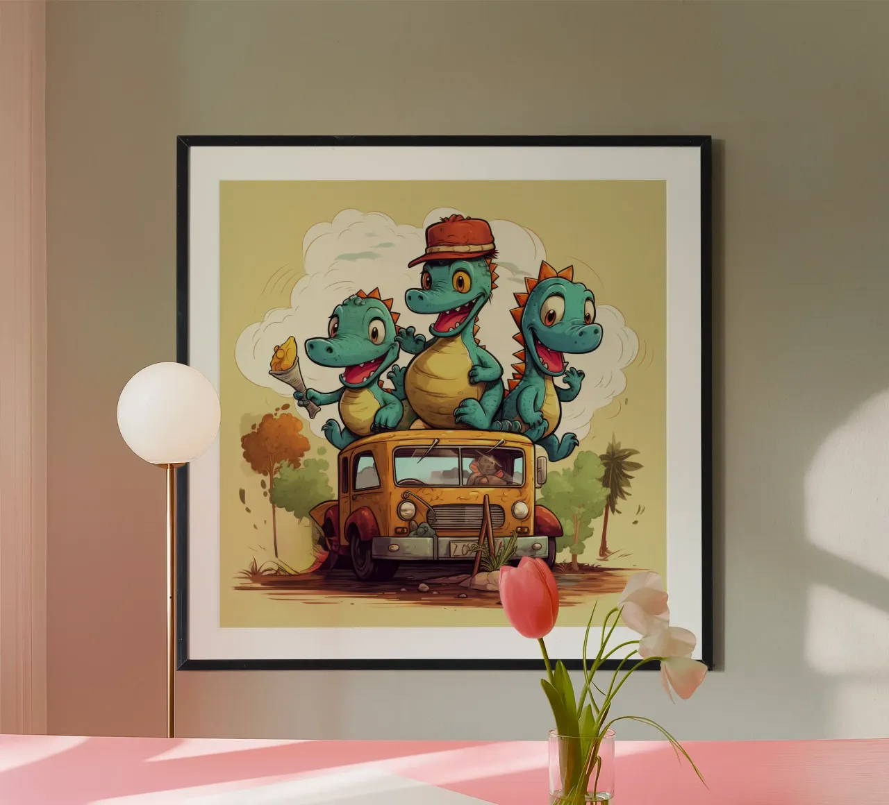 Gang di dinosauri retrò poster con telaio in legno da Funny Animals