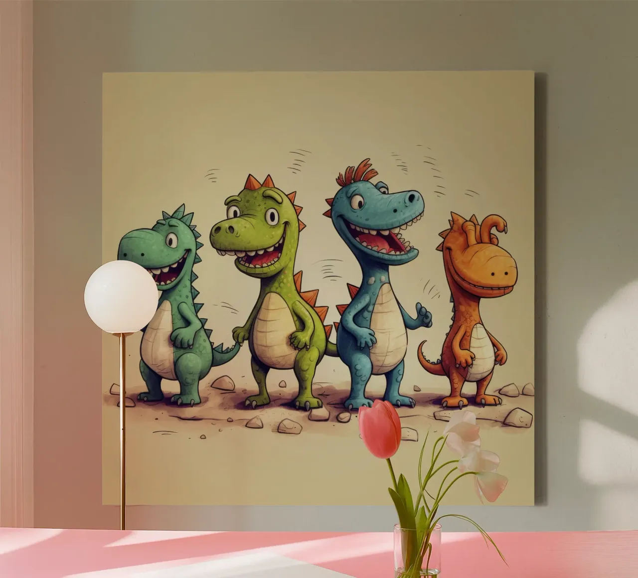 Retro dinosaurusbende canvas met Baklijst van Funny Animals
