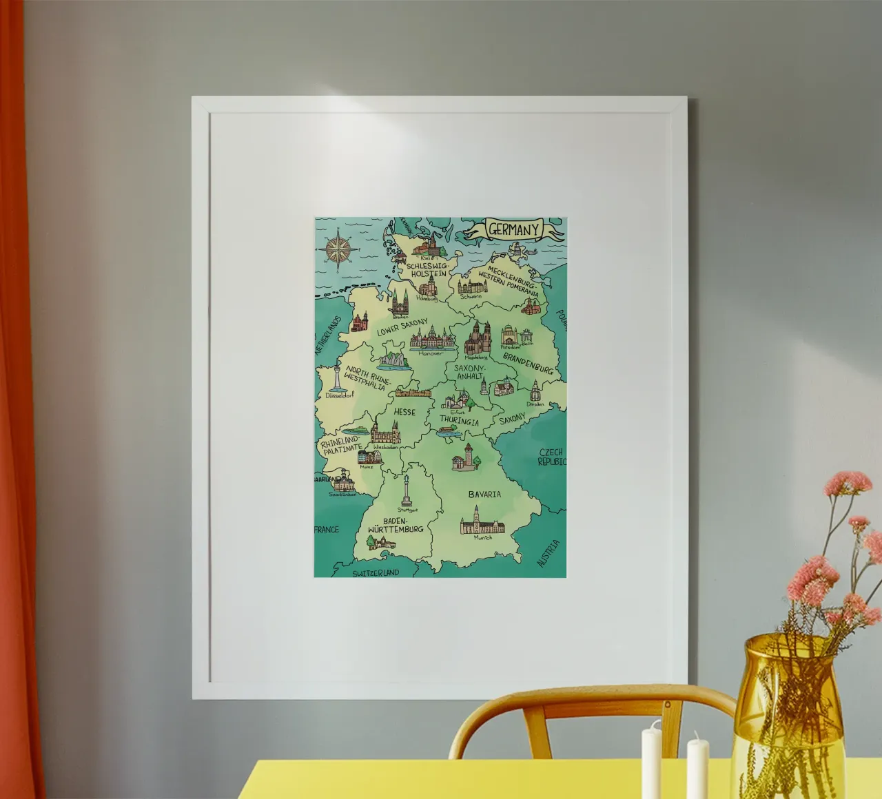 Mappa della Germania ad acquerello (versione inglese) poster con telaio in legno da Christopher Adams