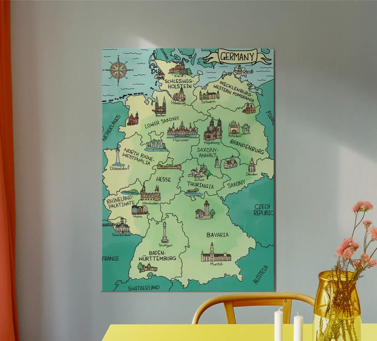 Mappa della Germania ad acquerello (versione inglese) poster con telaio in legno da Christopher Adams
