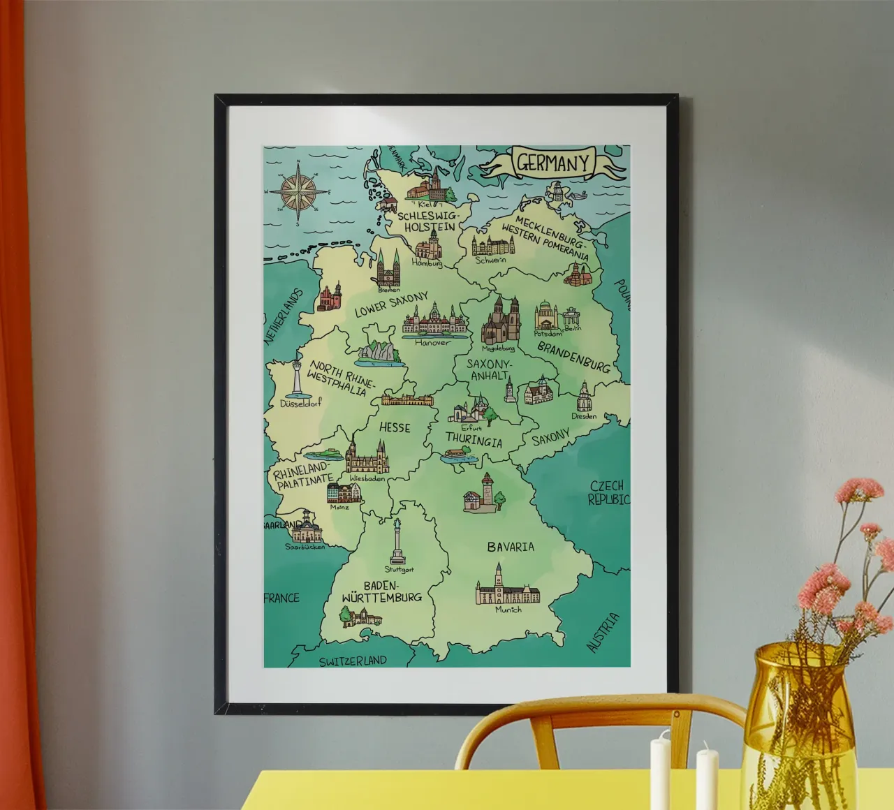 Mappa della Germania ad acquerello (versione inglese) poster con telaio in legno da Christopher Adams