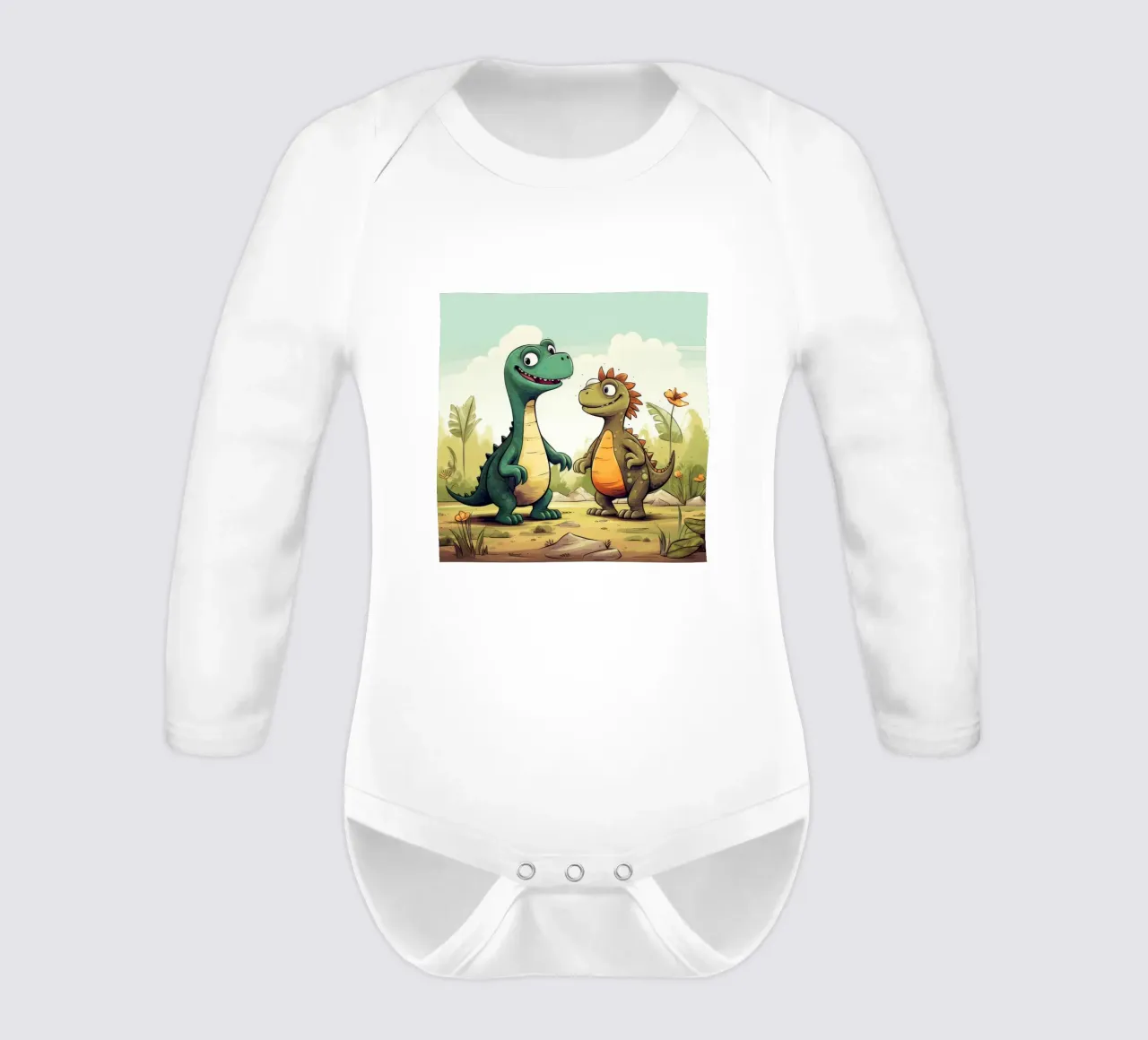 Retro Dinosaur Duo long-sleeve baby romper by Funny Animals