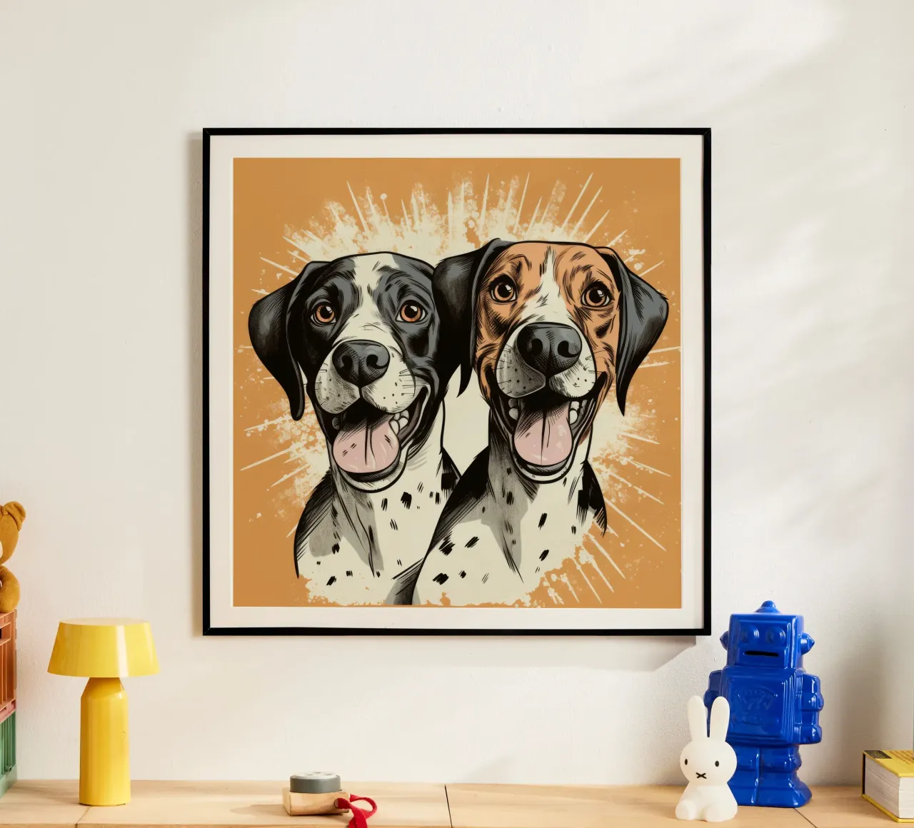 Duo di cani retrò poster con telaio in alluminio da Funny Animals