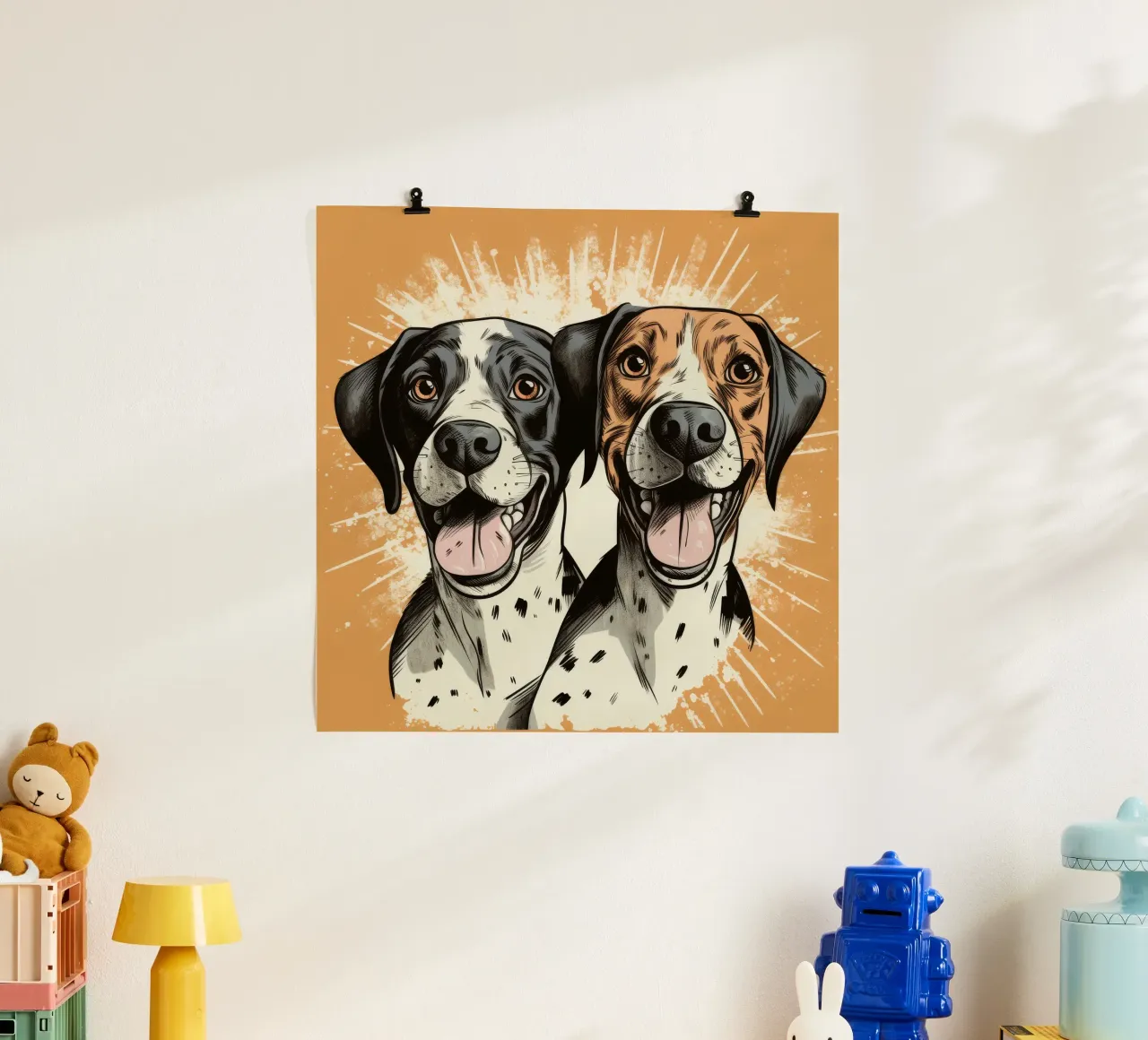 Duo di cani retrò poster con telaio in alluminio da Funny Animals