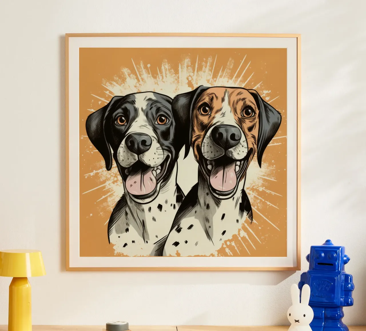 Duo di cani retrò poster con telaio in alluminio da Funny Animals