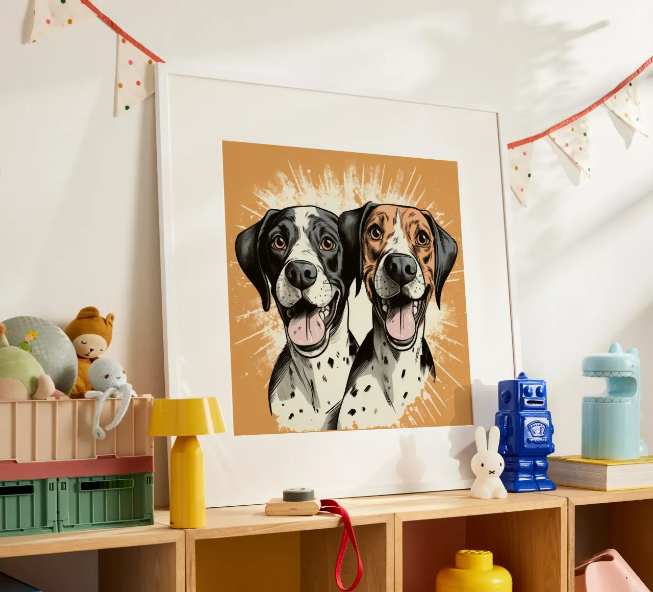 Duo di cani retrò poster con telaio in alluminio da Funny Animals