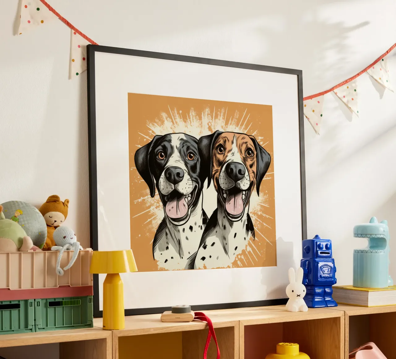 Duo di cani retrò poster con telaio in alluminio da Funny Animals