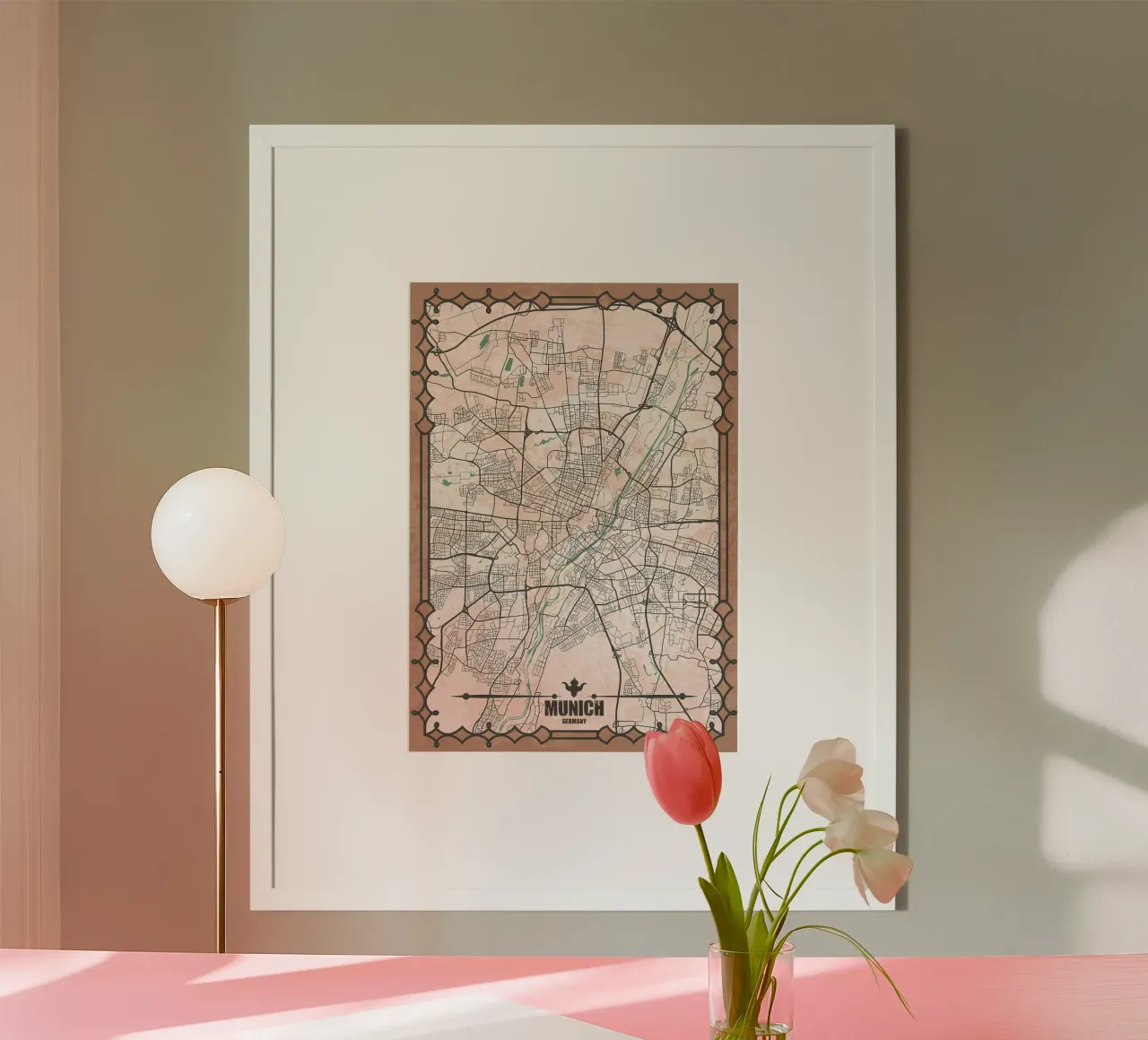 Mappa della città di Monaco poster con telaio in alluminio da Christopher Adams