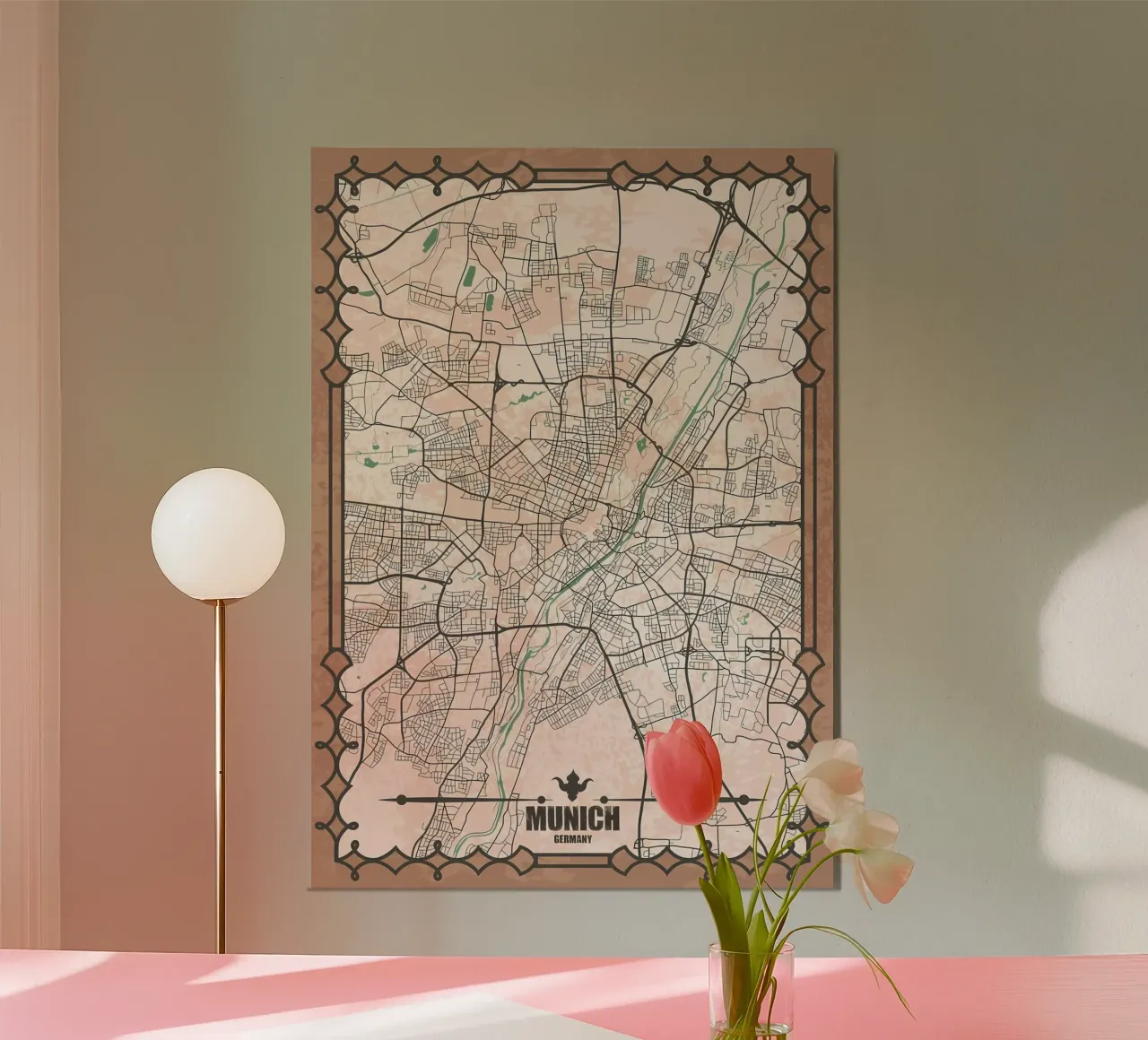 Mappa della città di Monaco poster con telaio in alluminio da Christopher Adams